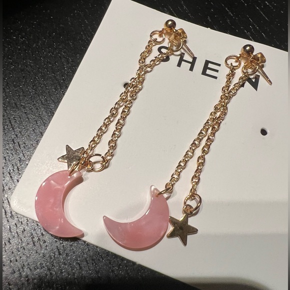 Pink Moon and Gold Star Earrings - Picture 2 of 2
